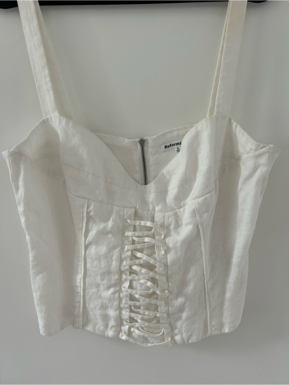 Reformation White Linen-Blend Corset Camisole with Lace-Up Front - Picture 5 of 5